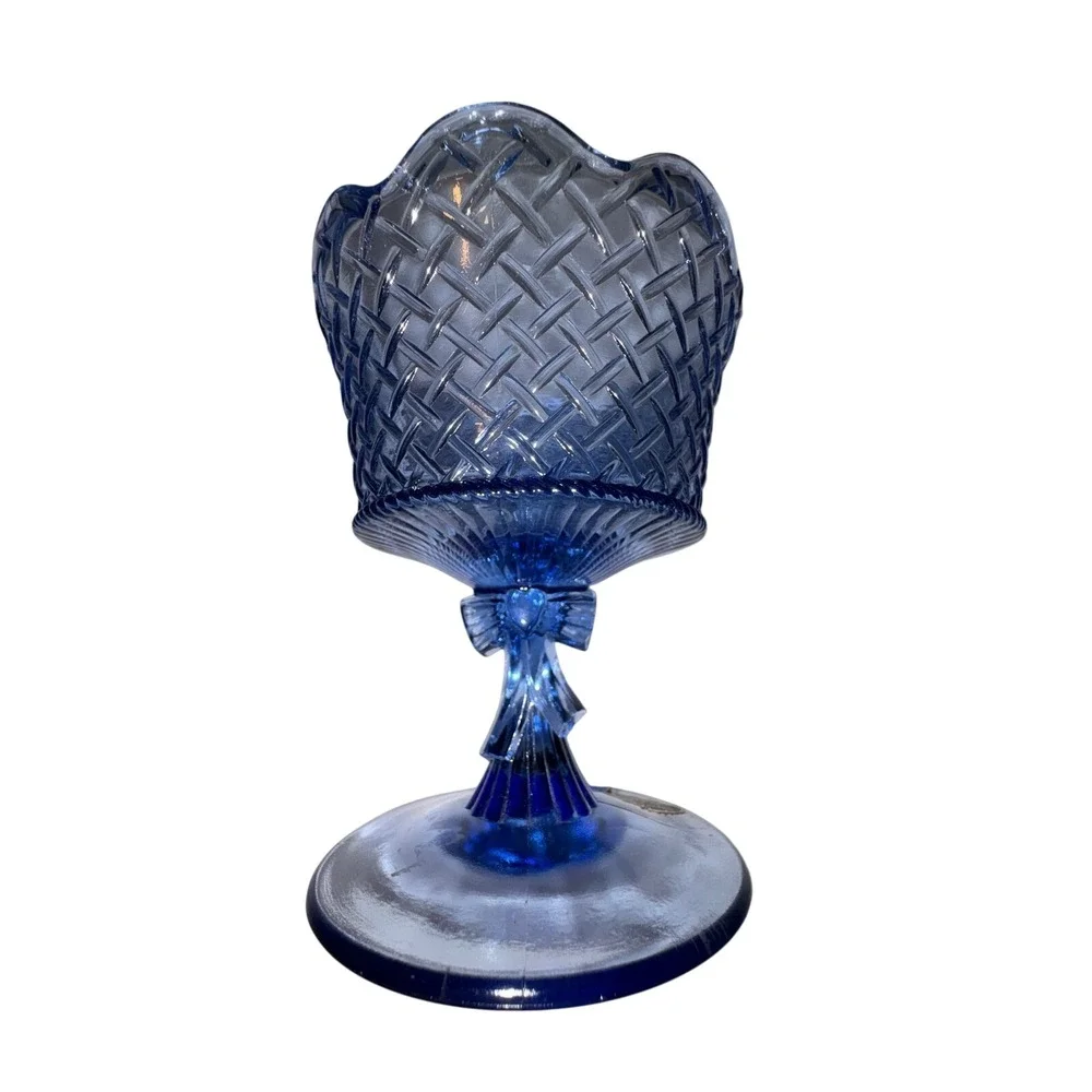 Fenton‎ Blue Basketweave Glass Compote Pedestal Vintage Candy Dish with Bow 7